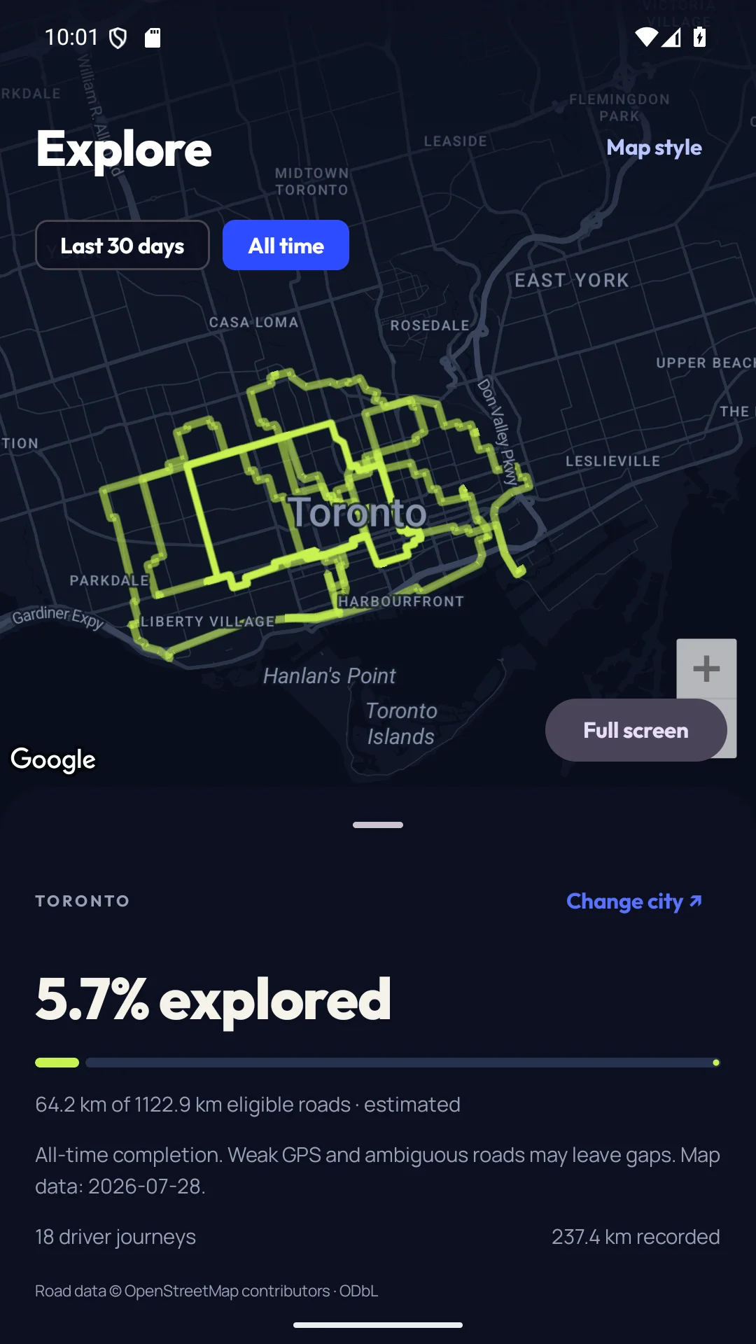 Roadsy Explore map showing sample Toronto routes and estimated unique street completion.