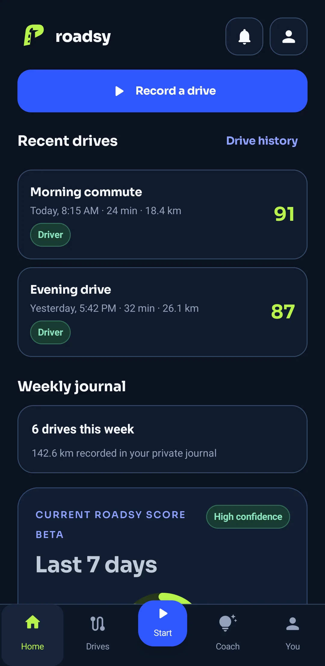 Roadsy Android home screen with recent drives, a weekly journal, and private trip history using example data.